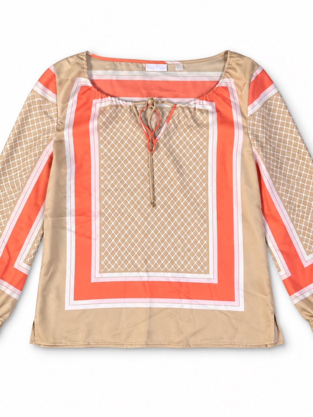 New York & Company Beige and Coral Geometric Scoop-Neck Tunic